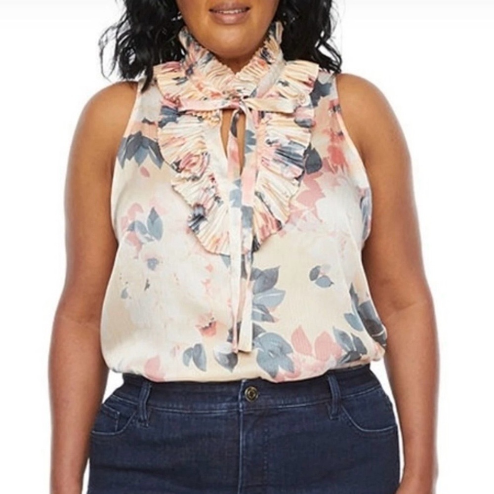 Ryegrass Womens Pleated Tie Neck Sun Kiss Floral Top Sz 1X Multicolor Sleeveless